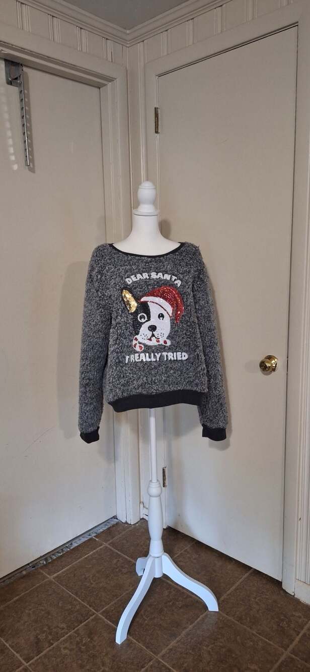 Dear Santa I Really Tried Sequin French Bulldog Sherpa Fuzzy Pullover  XL